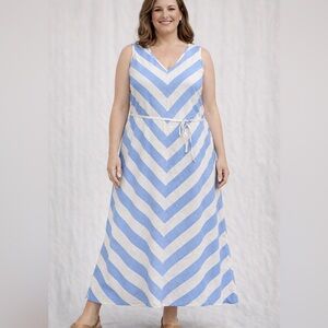 $220 Neiman Marcus 100% Linen Denim Blue Striped White Tie Dress XL NWT
